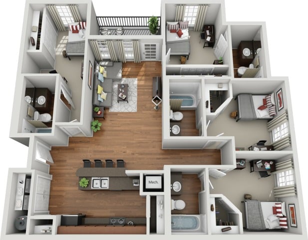 A 3D image of the 4BR/4BA – Tech floorplan, a 1348 squarefoot, 4 bed / 4 bath unit