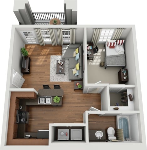 A 3D image of the 1BR/1BA floorplan, a 553 squarefoot, 1 bed / 1 bath unit