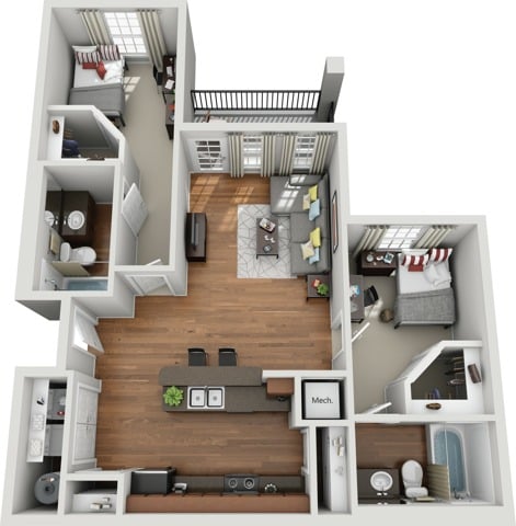 A 3D image of the 2BR/2BA floorplan, a 844 squarefoot, 2 bed / 2 bath unit